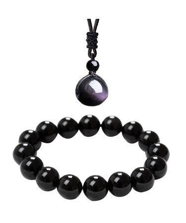 Soulnioi Obsidian Beaded 10mm Bracelet Natural Gemstone Protection Bracelet and Natural Crystal Rainbow Eye Obsidian Pendant for Protection Obsidian Set 4