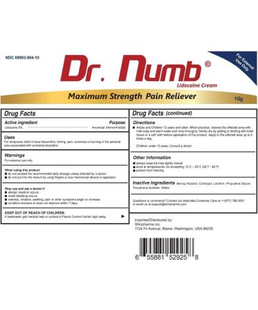 Dr. Numb 5% Lidocaine Numbing Cream 10g - Maximum Strength Pain Relief with Vitamin E - Buy Online on GoSupps.com