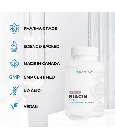 Biogenique Niacin 50mg - Vitamin B3 Niacin - Supports Energy Production Healthy Metabolism & Nervous System Function - Energy Supplement - 30 Capsules Made in Canada Non-GMO Vegan - Buy Online on GoSupps.com