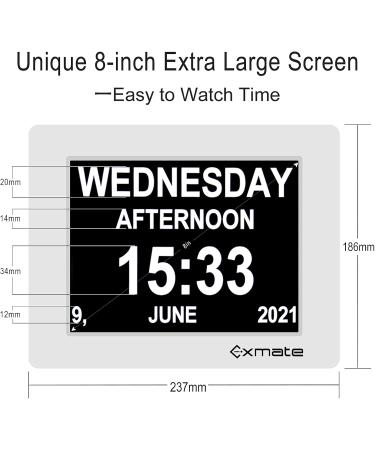 Exmate 8-Inch Digital Alarm Clock - Multilingual Large Writing Calendar for Kids Seniors Dementia & Alzheimer's - Perfect for Visual Impairment - White - Buy Online on GoSupps.com