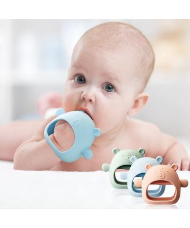 PODOO 3 Pack of Baby Teething Toys Silicone Toy for 3+ Months Infants Baby Chew Toy Sucking Needs Anti Dropping Hand Pacifier Babies Teethers (Blue Pink Green) (Bear Shape (3Pcs))