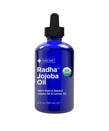 Radha Beauty USDA Certified Organic Jojoba Oil  4 fl oz. - 100% Pure Unrefined Cold Pressed Jojoba - Great Carrier Oil for Moisturizing Hair  Skin  & Nails 4 Fl Oz (Pack of 1)