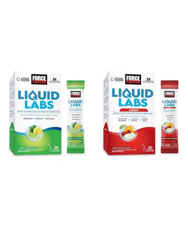 Bundle of FORCE FACTOR Liquid Labs Electrolytes Powder Hydration Packets to Make Electrolyte Water with 5 Vitamins Minerals and Antioxidants Lemon-Lime + Energy Fruit Punch Flavor 40 Stick Packs