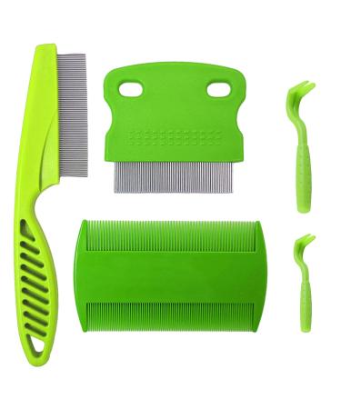 3-Piece Lice Comb with 2-Piece Tick Clips Stainless Steel Tooth Comb Double-Sided Tooth Comb Pet Lice Removal Comb Lice Removal Combo Set Pet Grooming Comb (Green)