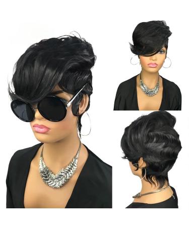 QDZHIAO Bob Wig Human Hair Short Pixie Cut Wigs for Black Women Glueless Wig with Bangs Layered None Lace Front Wig Full Machine Made Wig 1B Color (1B-3)