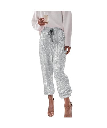 Duohropke sequin pants women gold sequins pants women silver leisure pants Elegant Sommer pants Baggy jogging pants glitter trousers with tunnel procession party pants disco fashion pants vintage dance pants s silver