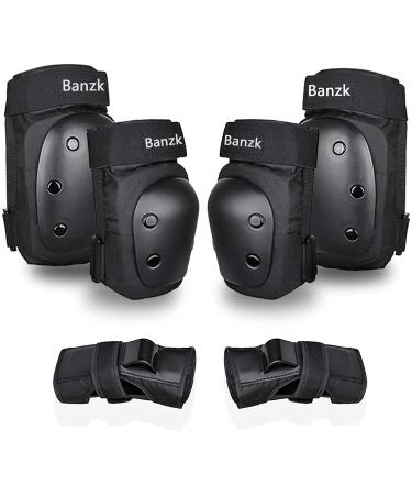 Banzk Adult Knee Pads Elbow Pads Wrist Guards for Adult Kids 6 in 1 Protective Gear Set for Skateboarding Biking Roller Skating Cycling Outdoor Sports Black L Large (121-170lbs) Black