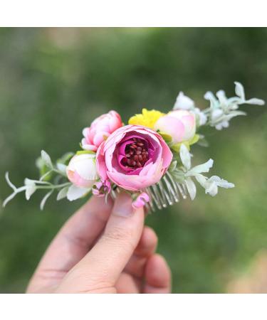 Fangsen Silver Wedding Rose Flower Pinecones Hair Comb | Bridal Floral Christmas Hair Clip (Pink) - Buy Online on GoSupps.com