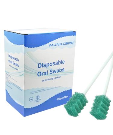 MUNKCARE Disposable Dentifrice Treated Oral Care Sponge Swabs Individual Wrapped 150 Counts (Dark Green)