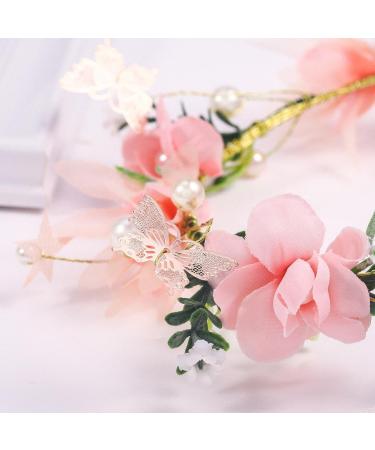 IYOU Wedding Flower Headband Set Pink Floral Crown Hair Wreath Pearl Bride Bridesmaid Hair Accessories with Wristband for Women and Girls - Buy Online on GoSupps.com
