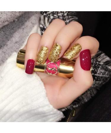 Bright Red Hujl Artificial Nails with 24 Gold Sequins | Fully Square Design & Women's Stickers Shop Now for International Shipping! - Buy Online on GoSupps.com