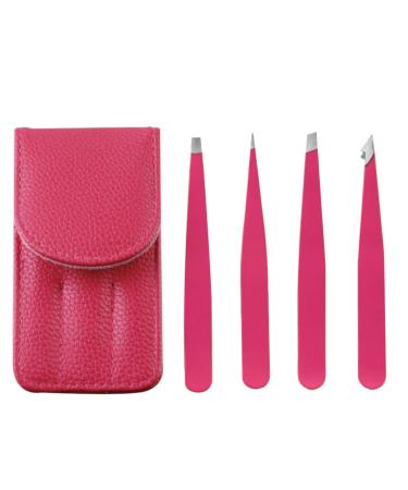 Tweezers set 4 in1set-professional stainless steel tweezers eyebrow trimming facial hair removal facial cleaning aids high-precision tweezers for men and women (RED)