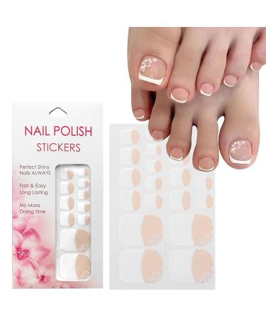 VOTACOS Nail Polish Strips for Toes No UV Needed Toe Nail Stickers White Flower French Toenail Gel Nail Strips Pedicure Full Nail Wraps for Women with 1 Wooden Stick 1 Nail File & 2 Prep Pad