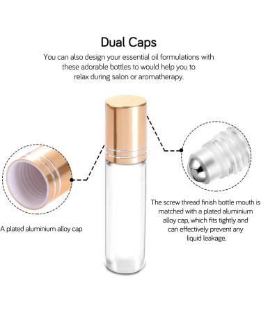 PrettyCare Essential Oil Roller Bottles 10ml - Clear Glass, Gold Cap - 12 Pack with 2 Extra Balls, Labels, Opener, and Funnels - Buy Online on GoSupps.com