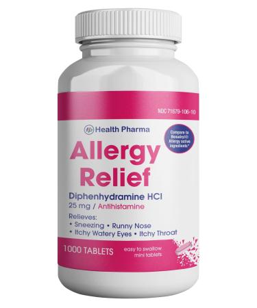 Health Pharma Allergy Relief Medicine | Antihistamine Diphenhydramine HCl 25 mg (1000 Tablets) Children and Adults Relieves Sneezing Runny Nose Hay Fever Itchy Eyes Throat 1000 Count (Pack of 1)