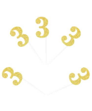 Newqueen 24 Pieces Glitter Number 3 Cupcake Toppers Gold Age Three Cake Picks Decoration for Anniversary Baby Shower 3rd Birthday Party