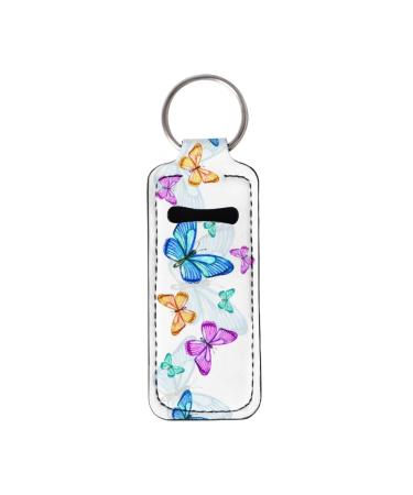 Bulopur White Blue Butterflies Lipstick Balm Holder Keychains Neoprene Chapstick Holder Keychain