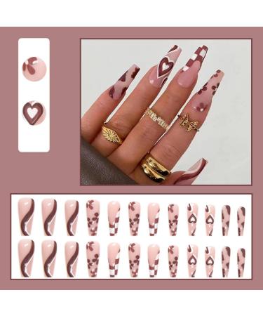 Justotry 24 Pieces Heart Coffin Nails - Brown French Press-On Floral Ballerina Fake Nails for Women - Buy Online on GoSupps.com