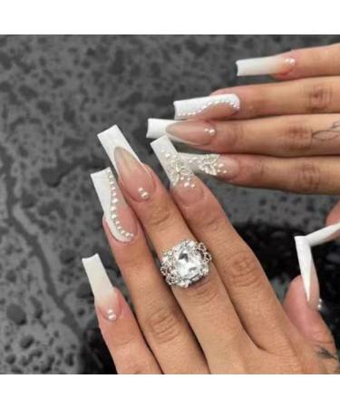 Justotry 24 pieces Pearls Coffin Nails to stick on with butterfly white press on nails pink ballerina artificial nails artificial nails beautiful fingernails fake nails medium for women pearls & ballerina1