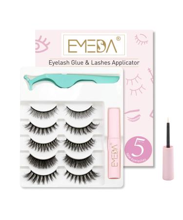 EMEDA 3D Natural False Lashes with Glue 5 Pairs Fluffy False Cat Eye Lashes Multipack Thick and Long False Eyelashes With Glue Strip Fake Lashes With Applicator False Lashes Kit MIX-(A1 A9 A11 SPG45 SPG02)