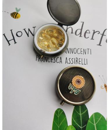 Sunflower Travel Pill Box Organizer - Cute & Portable Vitamin Holder for Purse - Vintage Bronze Metal Daily Medicine Case - Ideal for Travel & Health - Buy Online on GoSupps.com