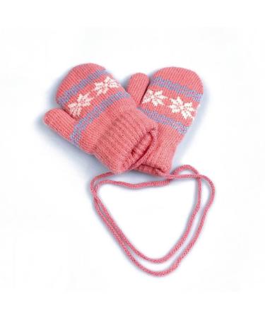 0-2Y Kids Thicken Soft Thermal Hanging Neck Gloves Winter Warm Cute Small Snowflake Dsign Mittens Full Finger Gloves with String for Baby Infant Children Toddler Girls Boys Pink