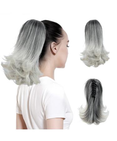 CJL HAIR Clip in Ponytail Extension 12 Inch Grey Curly Ponytail Hair Extensions Synthetic Fake Short Hair Pony Tail Extension Hairpieces for Women Girls (Gray and White Tips) 12 inch Gray and White Tips