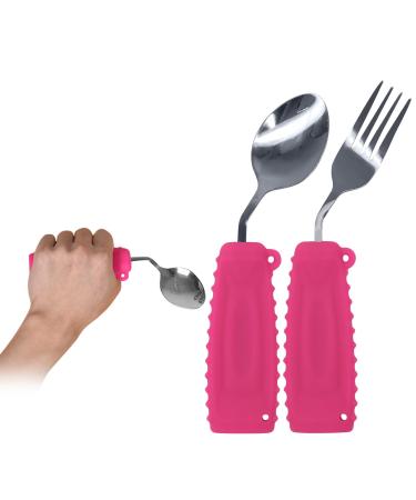 Ehucon Adaptive Utensils Angled Spoon and Fork for Elderly Hand Tremors Parkinsons Weighted Silverware with Non-Slip-Easy Grip Handles for Independent Eating (Pink Left) Left Pink