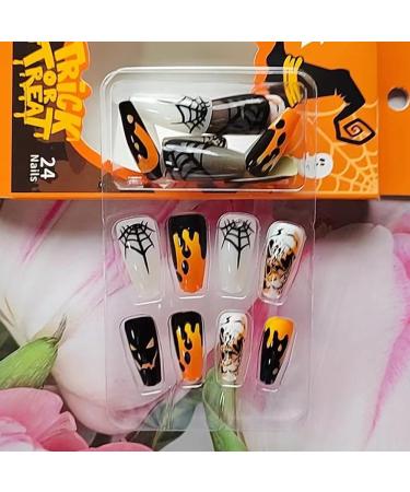 Shop 24 Pcs Halloween Press on Nails - Medium Coffin Square - SHANRUN Ballerina Nail Art with Ghost Spider Web Design - Full Cover Glue On Nail Tips - Buy Online on GoSupps.com