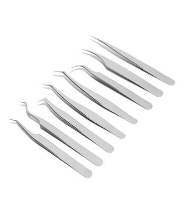 8PCs eyelash tweezers stainless steel fine pointed ergonomic design one piece Molding silvery eyelash extension tweezers Set portable eyes make-up tools