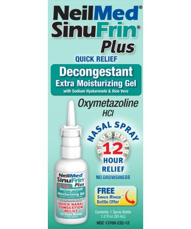 NeilMed SinuFrin Plus Decongestant 12 Hour Nasal Congestion Moisturizing Gel with Sodium Hyaluronate & Aloe Vera - 30mL Bonus Pack