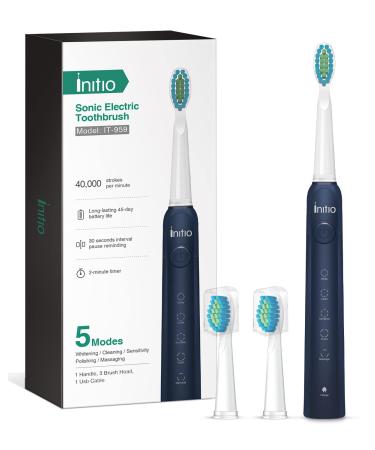 Sonic Electric Toothbrush for Adults Initio Rechargeable Toothbrush with Smart Timer 5 Modes 3 Brush Heads 40,000 VPM Motor Whitening Power Toothbrush IT959 (Navy Blue)