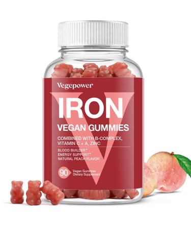 Vegan Iron Gummies Supplement - with Vitamin C  A  B-Complex  Folate  Zinc for Adults & Kids - Blood Builder & Energy Support for Iron Deficiency  Anemia  No After Taste - Peach Flavor (90 Ct)