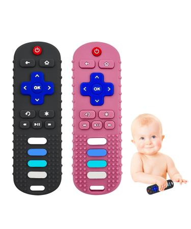 ERSIHUA 2-Pack Silicone Baby Teething Toys TV Remote Teethers for 3-6 Months Baby Toys for 6 to 12 Months Remote Control Shape Teething Toys for Boys and Girls (Black+Pink)