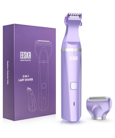 EESKA Bikini Trimmer for Women, 2-in-1 Electric Lady Clipper Pubic Hair Trimmer-Painless Hair Removal Groomer Kit Rechargable Ladies Shaver with 2 Trimmer Heads, IPX7 Waterproof(Purple) 2-in-1 Trimmer Purple