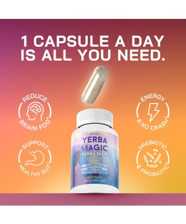 Yerba Magic Yerba Mate Capsules - 100% Pure Extract High Potency Energy & Focus - 75mg Clean Caffeine Yerba Mate Pill No Jitters No Fillers - Unsmoked South American Sourced - 60 Day Supply - Buy Online on GoSupps.com