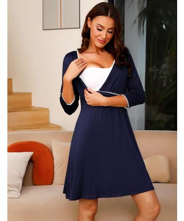 Sykooria Women's Cotton Nursing Nightdress with 3/4 Sleeves - Navy Blue S - Buy Online on GoSupps.com