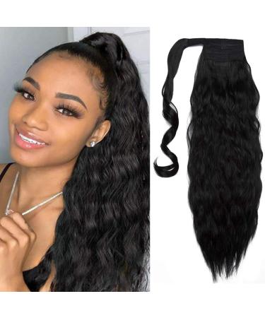 Silk-co Jet Black Magic Paste Clip in Ponytail Hairpiece Curly Pony Tail Corn Wave Hair Clip on Extension 20" Long hair Piece -Jet Black 20 Inch Jet Black