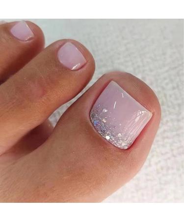Short Square French False Toenails on Nails Glitter Press on Toenails Nude Glitter Stick Fake Toe Nails Acrylic Full Cover Toenails for Women Girls Nail Art Accessories (Shimmering Purple)