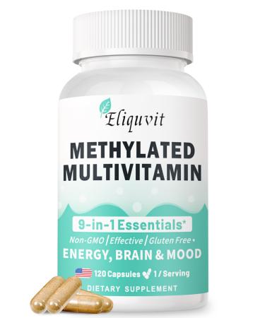 Eliquvit Methylated Multivitamin for Men & Women - Methylated B Complex with Methylfolate & B12-9-in-1 MTHFR Support + TMG - Vegan Multivitamin for Men & Women -Energy & Mood - USA Made-120 Capsules