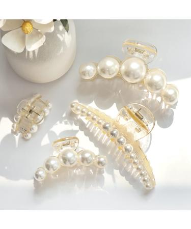 PAPARELA Hair Clips 4 Pcs Pearl Claw Clips for Women Strong Hold Hair Jaw Clips for Thick Thin Hair Fashion Design Pearl Clips for Hair Styling Tools for Party Wedding