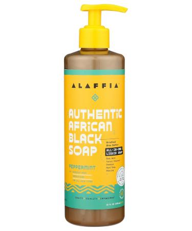 Alaffia - Authentic African Black Soap All-in-One Body Wash Shampoo and Shaving Soap For All Skin and Hair Types Fair Trade No Parabens Non-GMO No SLS Peppermint 16 Ounce