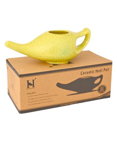 HealthGoodsIn Ceramic Neti Pot for Nasal Cleansing Dishwasher Friendly Holds 225 Ml Water - Crackle Pattern Yellow