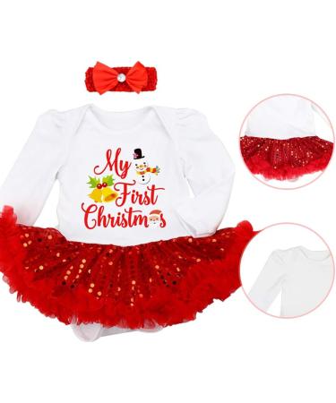 FYMNSI Baby Girls My First Christmas Outfit 4pcs Set for 0-18 Months | 1st Xmas Party Clothes with Tutu Romper Dress & Accessories | 3-6 Months White Snowman Theme - Buy Online on GoSupps.com
