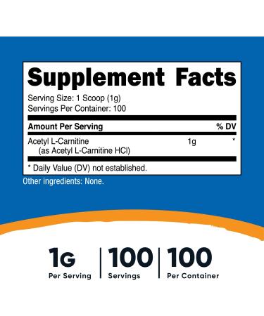 Nutricost Acetyl L-Carnitine Powder - 100g, 1000mg Per Serving - Non-GMO & Gluten Free - 3.52oz (1 Pack) - Buy Online on GoSupps.com