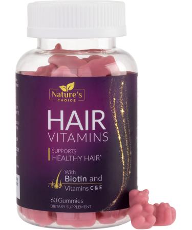 Hair Vitamins Gummies with Biotin 5000 mcg Vitamin E & C Support Hair Growth Gummy Premium Vegetarian Non-GMO for Stronger Beautiful Hair Skin & Nails Biotin Gummies Supplement - 60 Gummy Bears