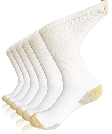 Mens Diabetic Socks Non-Binding Crew Socks Cushioned for Edema Thick Ankle Diabetes Edema Swollen Feet White/Khaki(3 Pairs)