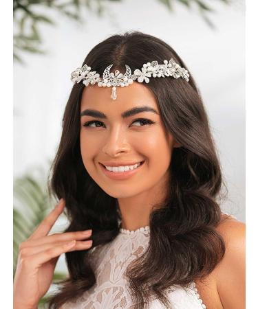 IYOU Moon Bridal Wedding Crown Silver Pearl Flower Headpiece Tiara Flower Bride Bridemaid Hair Accessories for Women