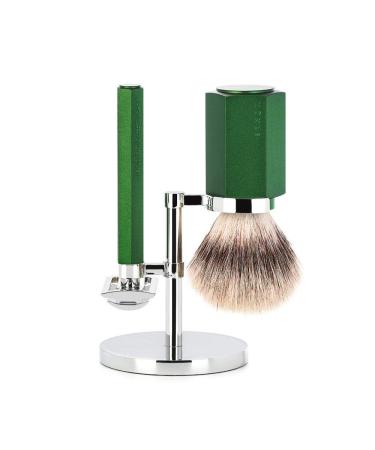 M HLE shaving set - Hexagon series - Silvertip Fibre - safety razor - aluminum anodized forest