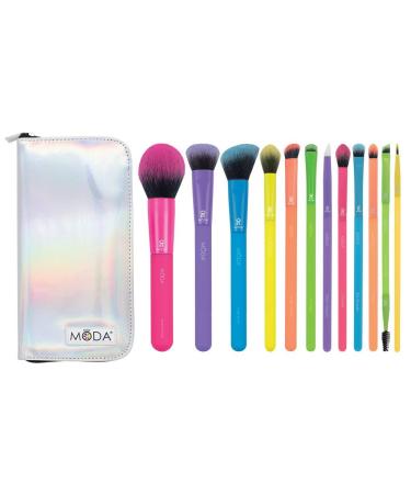 MODA Totally Electric 13pc Full Face Makeup Brush Set Includes - Powder Complexion Blush Shader Smudger & Crease Brushes with Zip Case (Multi-colored)